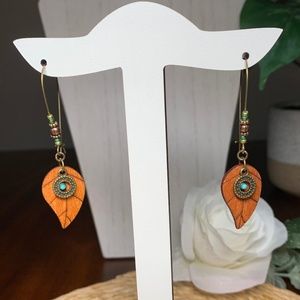 Fall Beaded Wooden Leaf Dangle Earrings.